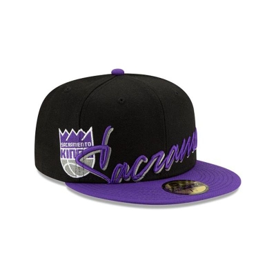 Black Sacramento Kings Hat - New Era NBA Cursive 59FIFTY Fitted Caps USA4068123